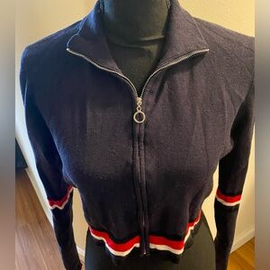 Signature8 Size Medium  Cropped Navy Cardigan with Red and White Stripes